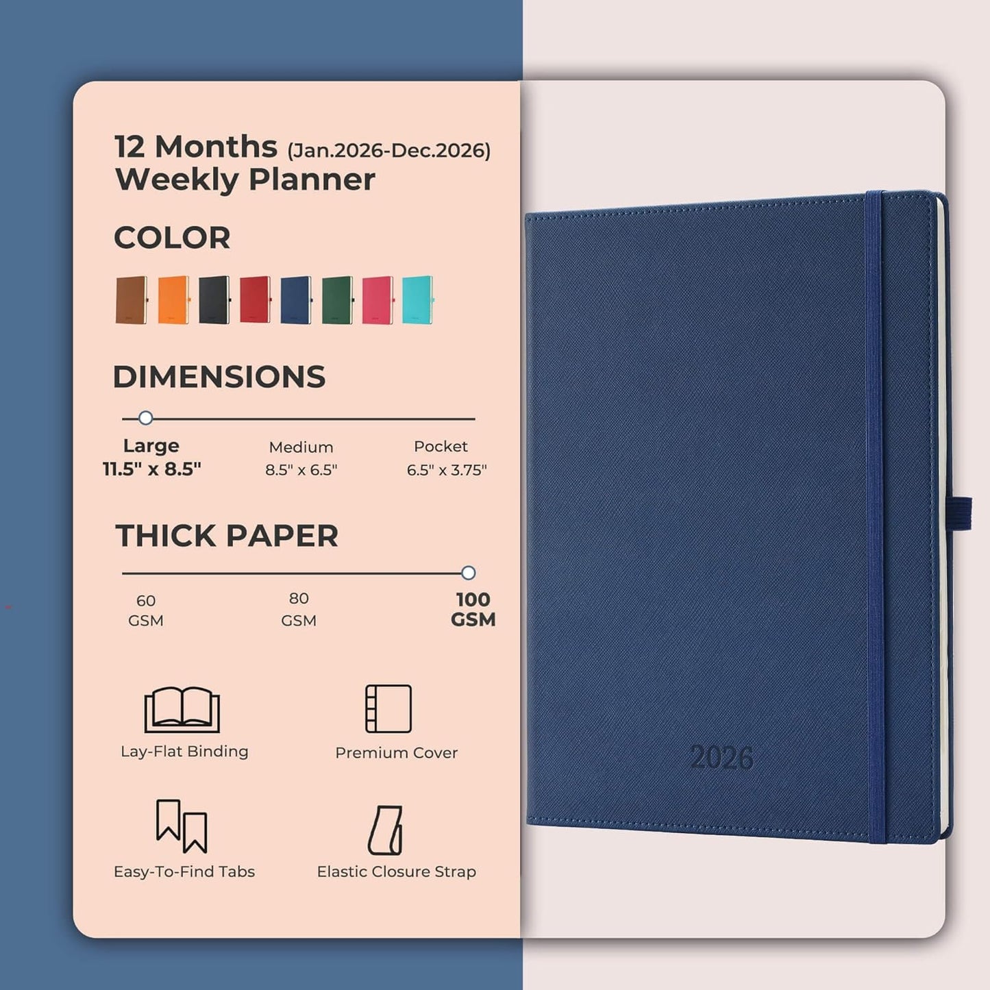 Weekly Monthly 2026 Planner (Jan.26-Dec.26),11.5"x8.5",12 Months Agenda Plan with Month Tabs & Pocket,Expenses/Note Pages, Appointment Book Calendar with Hardcover Vegan Leather Cover,Blue