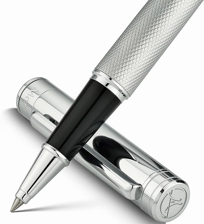 Silver Rollerball Pen, Stunning Luxury Pen with Mesh Texture Design, Bright Silver Chrome Finish, Schmidt refill, Nice Gift Set for Men & Women, Executive, Office, Graduation, Fancy Pens