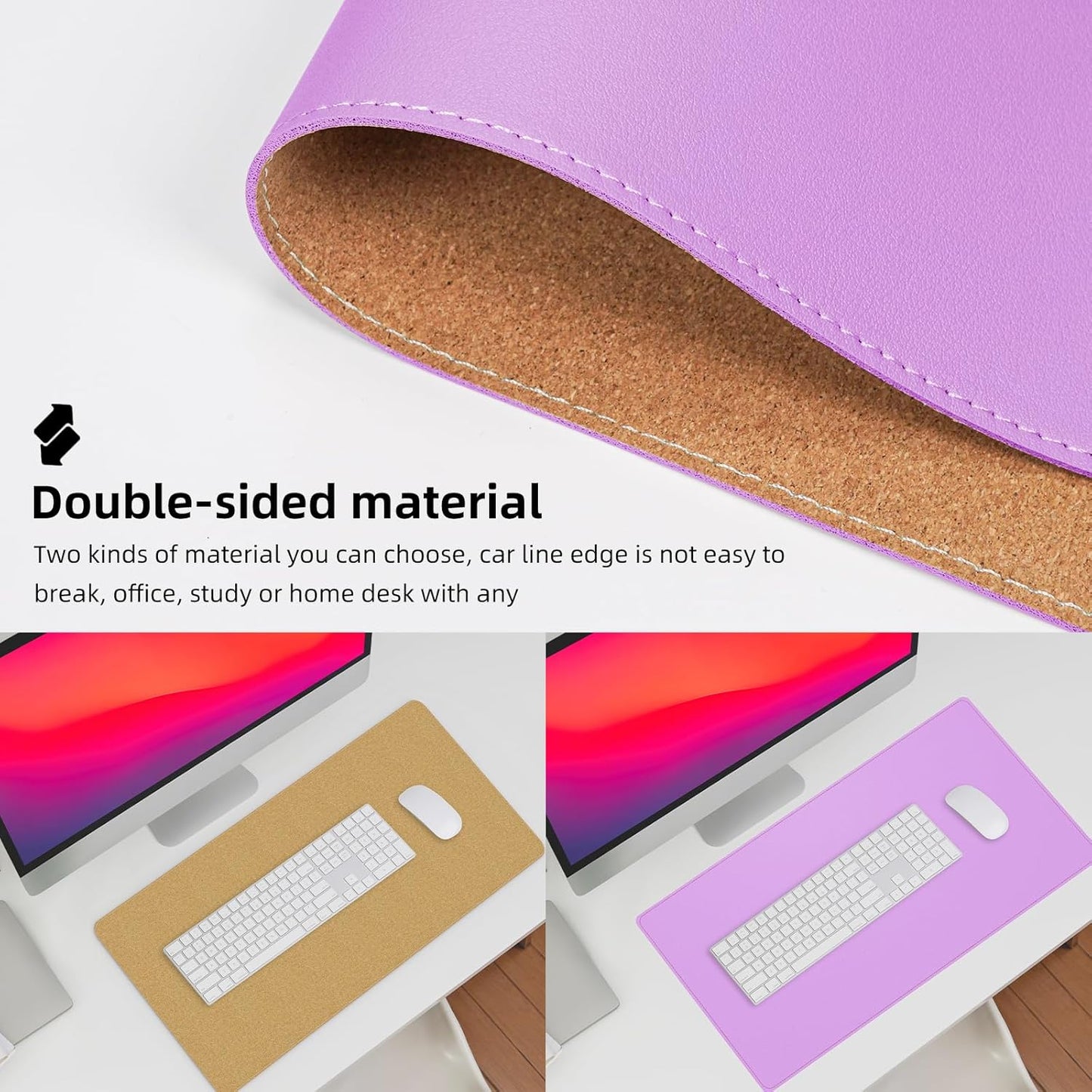 AFIING Dual-Sided Desk Pad, Natural Cork & PU Leather Large Mouse mats for Office and Home Work, Desk Protector Non-Slip, Waterproof, Easy Clean (Purple, 23.6" x 13.7")