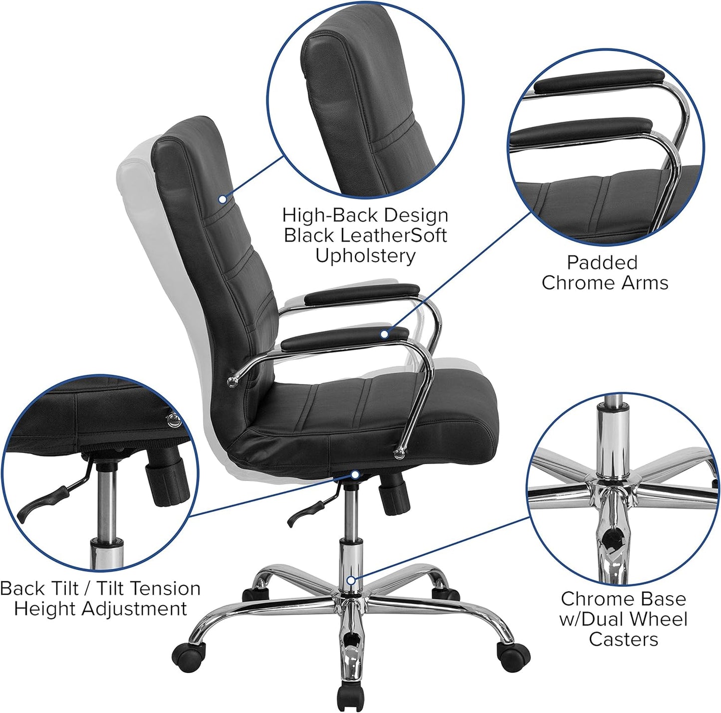 Flash Furniture Whitney High-Back Swivel LeatherSoft Desk Chair with Padded Seat and Armrests, Adjustable Height Padded Office Chair, Black/Chrome