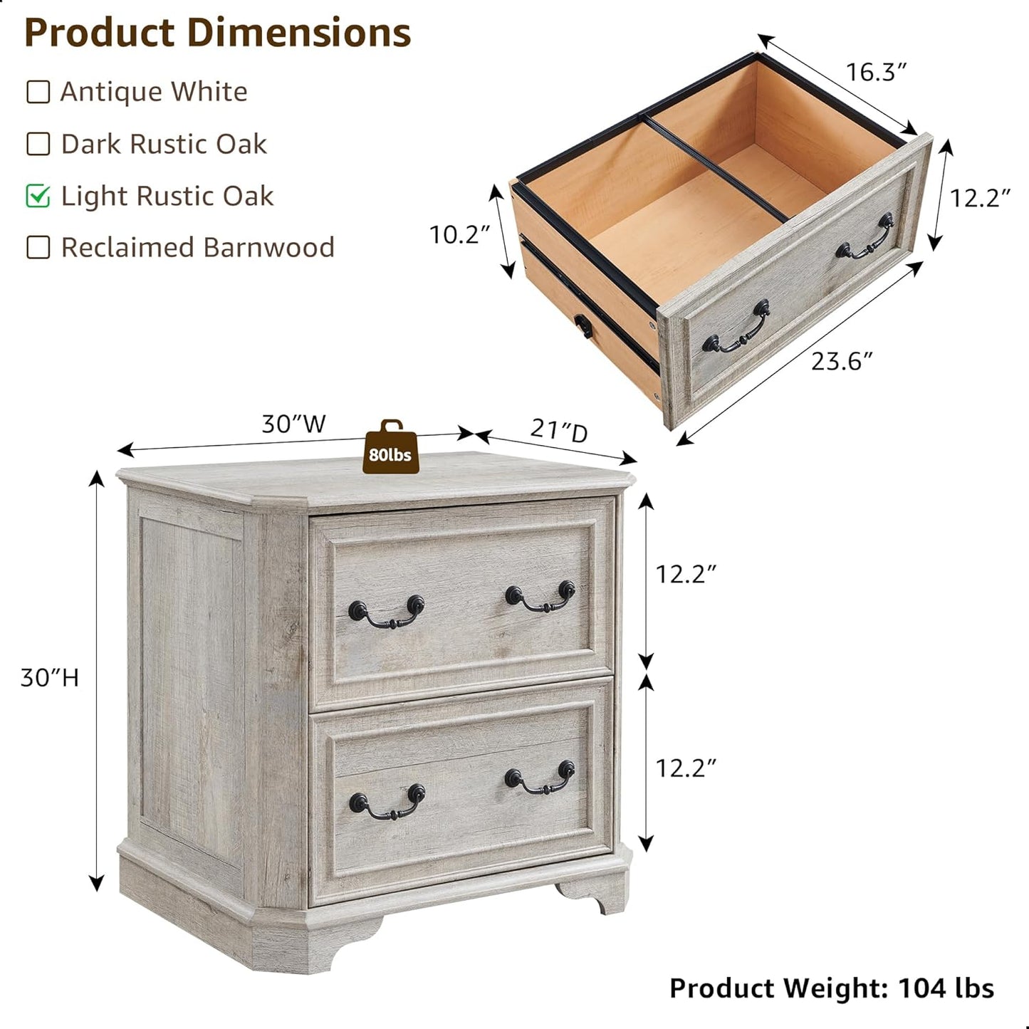 T4TREAM 2 Drawer File Cabinet Set of 2, 30" Wide Wooden Extended Desktop, Farmhouse Filing Cabinet with Smooth Rails, Holds Letter/Legal/A4, Hexagonal Design & Framed Drawer Fronts, Light Rustic Oak