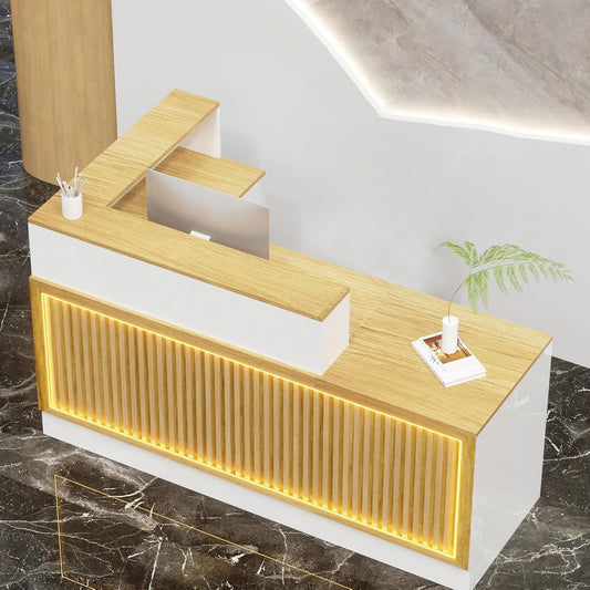 L Shaped Reception Desk, Solid Wood Front Desk with Counter & Lockable Drawers, Retail Checkout Customer 2 Person Secretary Desks for Home Office Lobby Store (70in,Right)