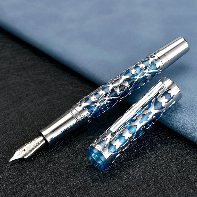 Hongdian D1 Piston Fountain Pen Extra Fine Soft Nib, Silver Blue Hollow Skeleton & Resin Pen with Metal Case Set