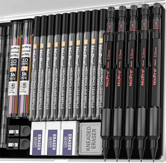 Nicpro 5 Pack 2mm Mechanical Pencils Set with Case, 65 Graphite Lead Refills (6B 4B 2B HB 2H 4H), 72 Colored Lead, Erasers -Weatherproof Metal Barrel, Heavy Duty Carpenter Pencil For Drawing Sketching