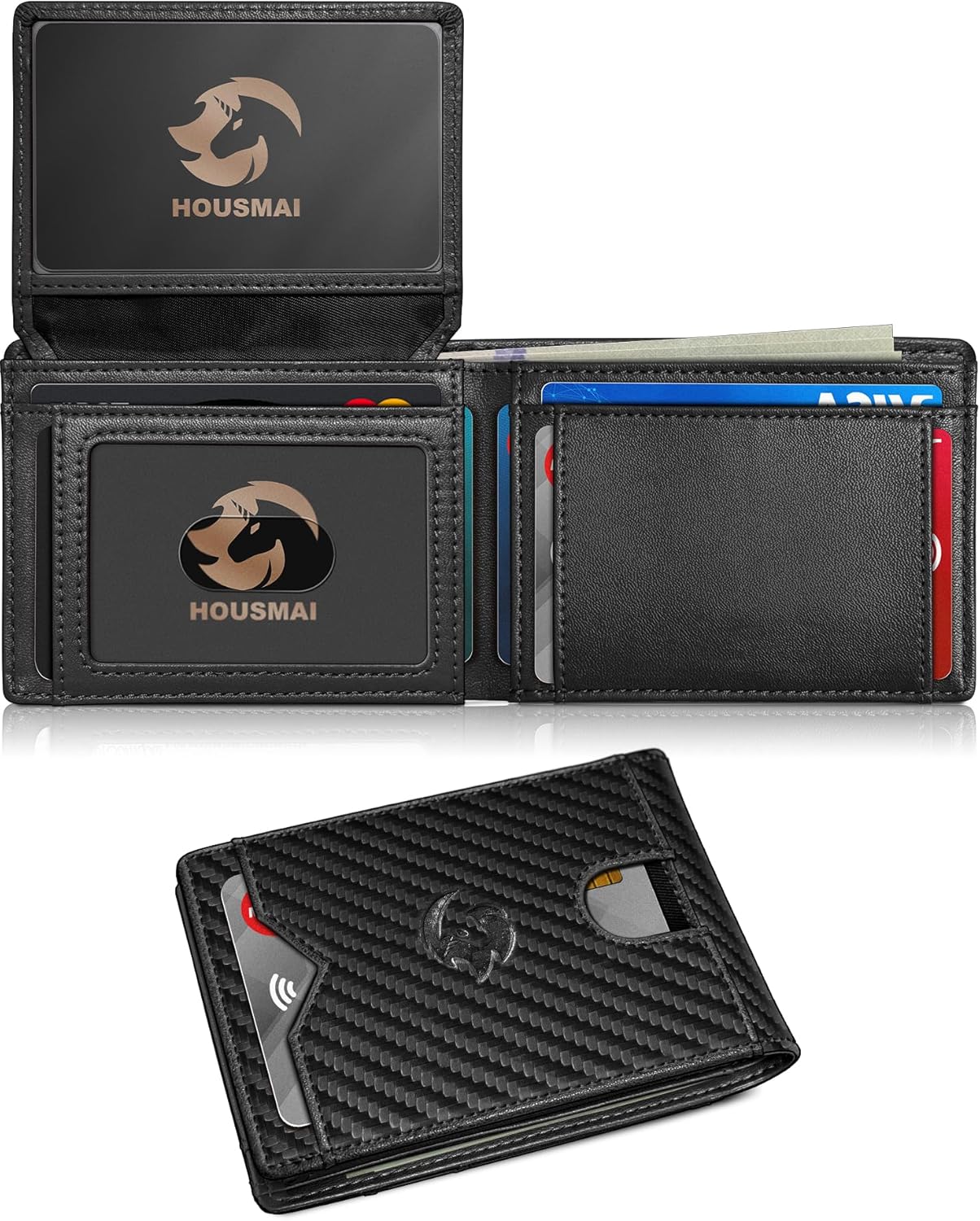 Wallet for Men Wallet with Cash Pocket 2 ID Window 13 Cards,Slim Leather Wallet Front Pocket Card Holder RFID Blocking with Gift Box