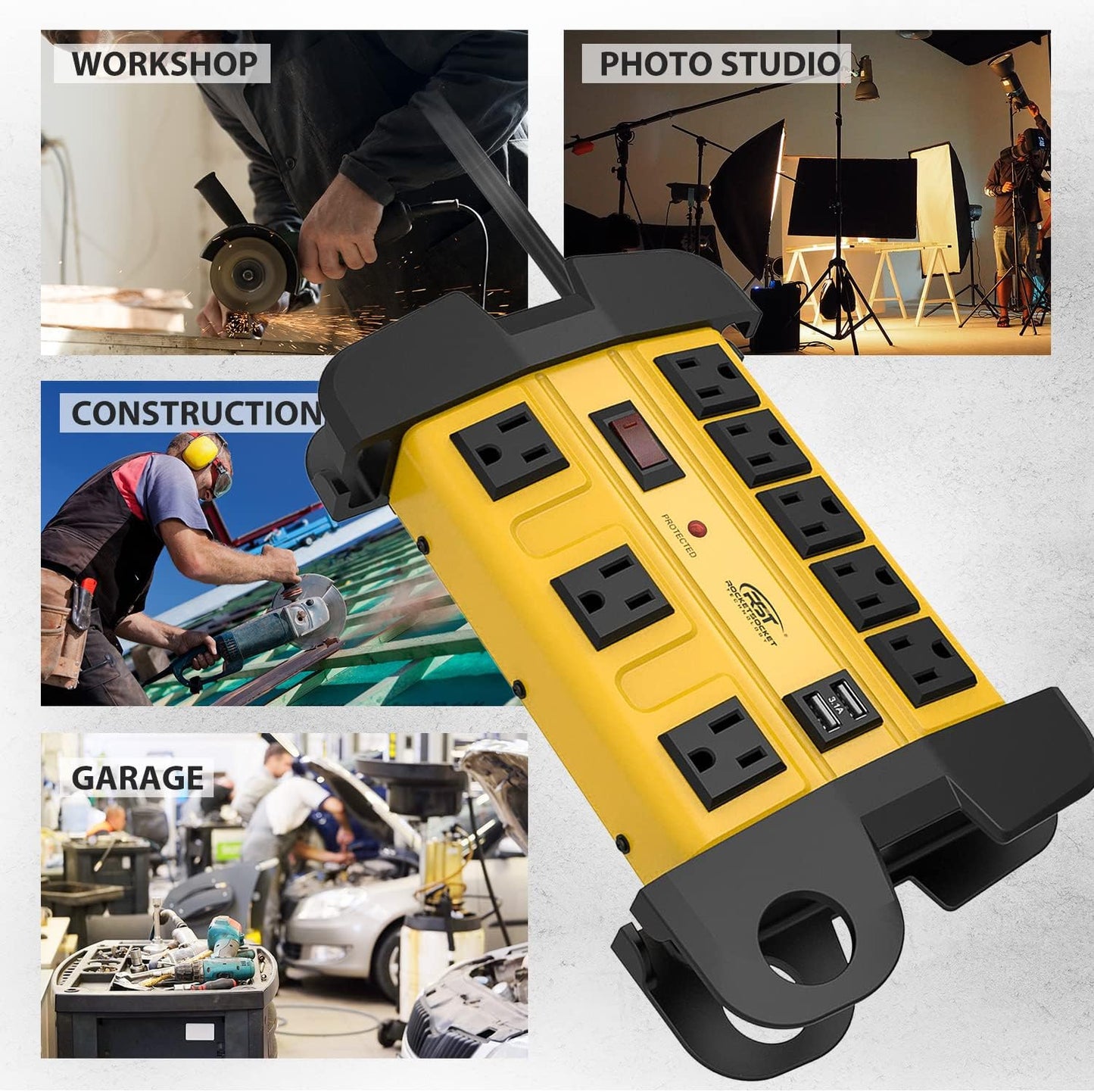 Heavy Duty Surge Protector Power Strip with 2 USB Ports, CRST 8-Outlet Metal Industrial Power Block with 15A Circuit Breaker, 6ft Extension Cord, 1350 Joules for Workshop, Garage, Office, Shop…