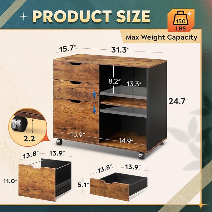 DEVAISE 3-Drawer Wood File Cabinet, Mobile Lateral Filing Cabinet, Printer Stand with Open Storage Shelves for Home Office, Rustic Brown