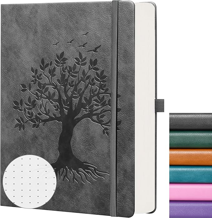 ZXHQ A5 Bullet Dotted Journal Notebook - 150gsm Thick Paper, 256 Pages, Dot Grid Hardcover, Tree of Life Design, Fine Inner Pocket - 5.9" × 8.5" Dark Grey