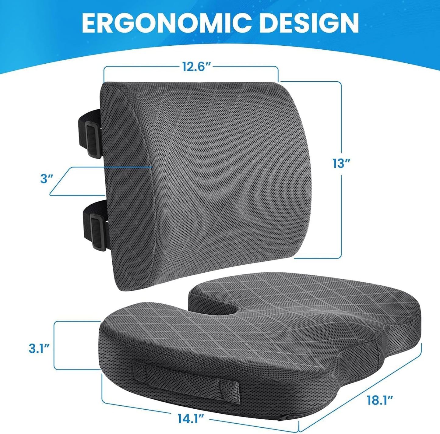 TushGuard Office Chair Cushions with Handles, Back&Seat Cushion, Sciatica & Back Coccyx Tailbone Discomfort Easing Chair Pad, Memory Foam Lumbar Support Pillow for Gaming, Desk, Wheelchair, Car(Grey)