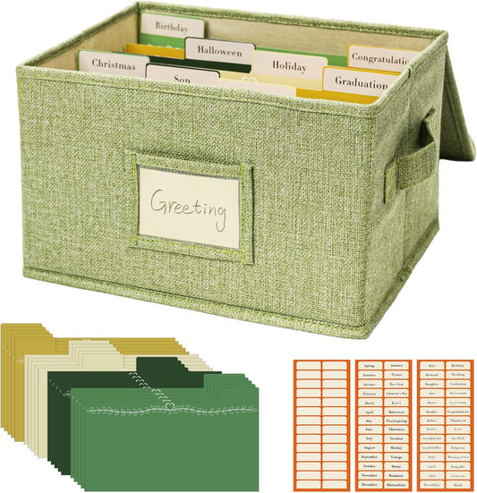 Vienrose Greeting Card Organizer Storage Box with 20 Removable Dividers, 84 Self-stick Labels, Perfect for Photos, Envelopes, Scrapbooking, Paper, Stickers Holder 1 Pack Grass Green