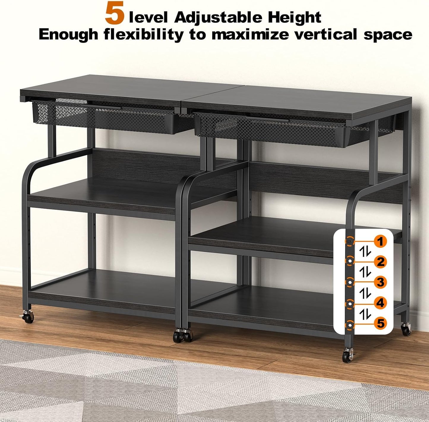 EasyCom 23.6''x18.9'' Extra Large Printer Stand with Drawer, 5-Adjustable Heights 3 Tier Table with Wheels, Rolling Printer Cart with Storage for Printer Scanner Fax Home Office Use