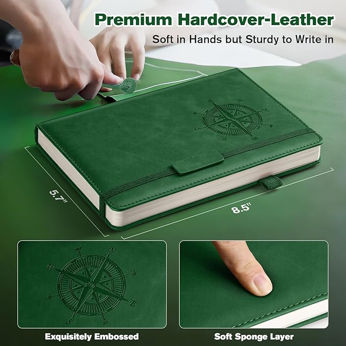 Notebook Journal for Women Men: Leather Journal for Writing, Hardcover College Ruled Journals Notebooks with Thick Paper, Large A5 Daily Journal for Travel, Diary, Gifts for Teens, 5.7"×8.5", Green