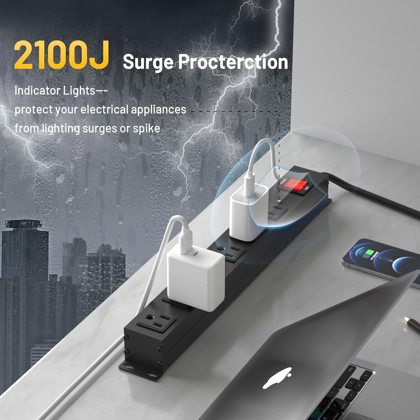 KF Matel 6 Outlet Power Strip Surge Protection 2100J, Heavy Duty Wide Space Power Strip with Flat Plug, 14AWG 6FT Extension Cord for Home, Garage, Shop