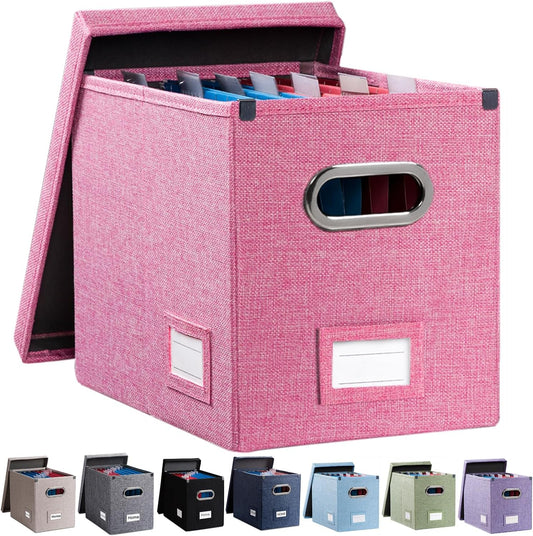 PRANDOM File Organizer Box - Set of 1 Collapsible Decorative Linen Filing Storage Hanging File Folders with Lids Office Cabinet Letter Size Pink (14x9.3x10.8 inch)