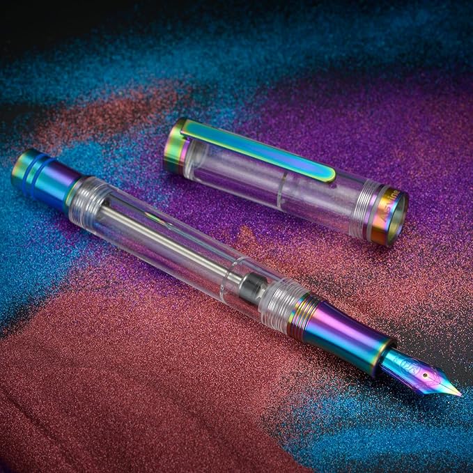 Asvine V200 Titanium Fountain Pen Vacuum Filling, Rainbow Iridium Extra Fine Nib Clear Demonstrator Acrylic with Pen Case and Wrench