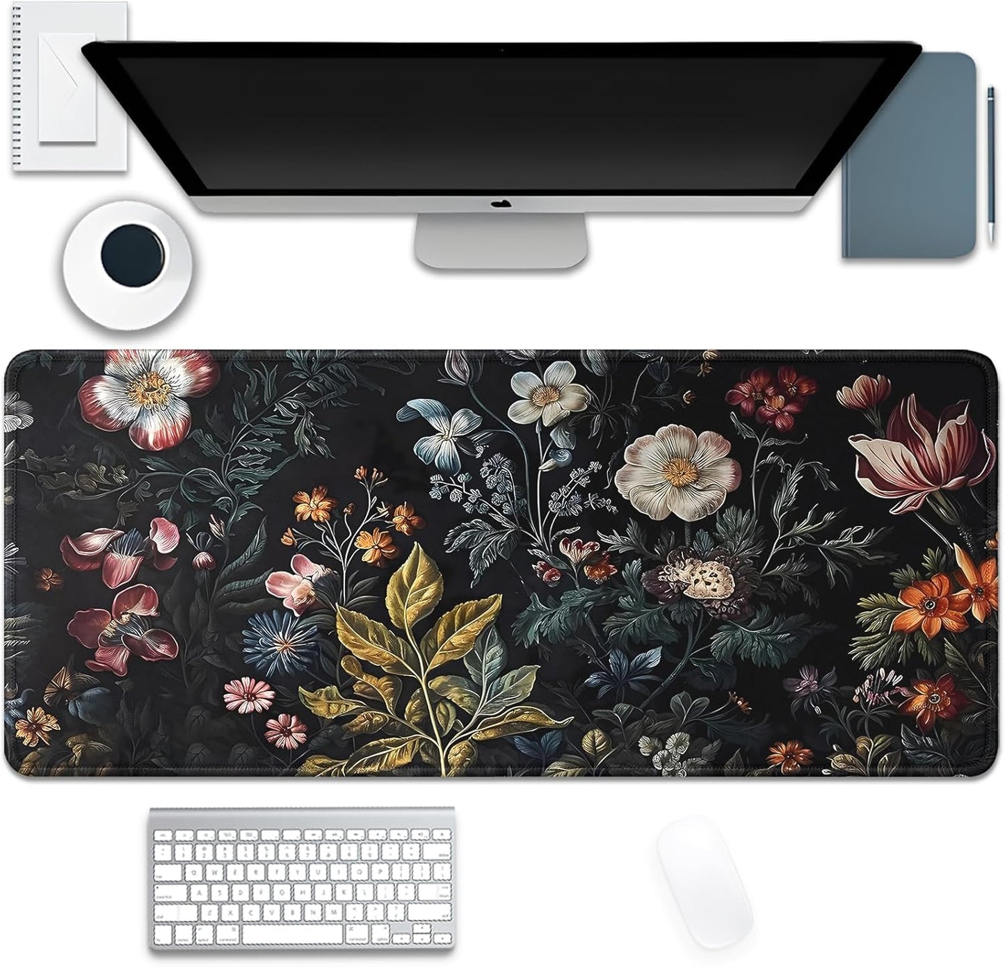 Vintage Aesthetic Mouse Pad,Extended Flower Plant Black Mousepad Desk Pad with Stitched Edges,Non-Slip Waterproof Rubber Base Mouse Mat for Office Computer Keyboard Laptop Home(27.5x11.8 in)
