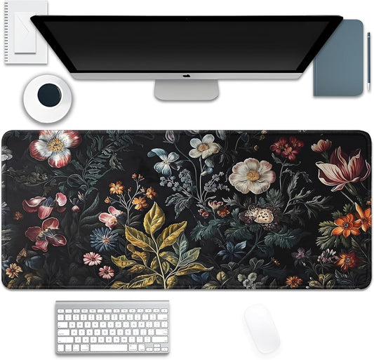 Vintage Aesthetic Mouse Pad,Extended Flower Plant Black Mousepad Desk Pad with Stitched Edges,Non-Slip Waterproof Rubber Base Mouse Mat for Office Computer Keyboard Laptop Home(27.5x11.8 in)