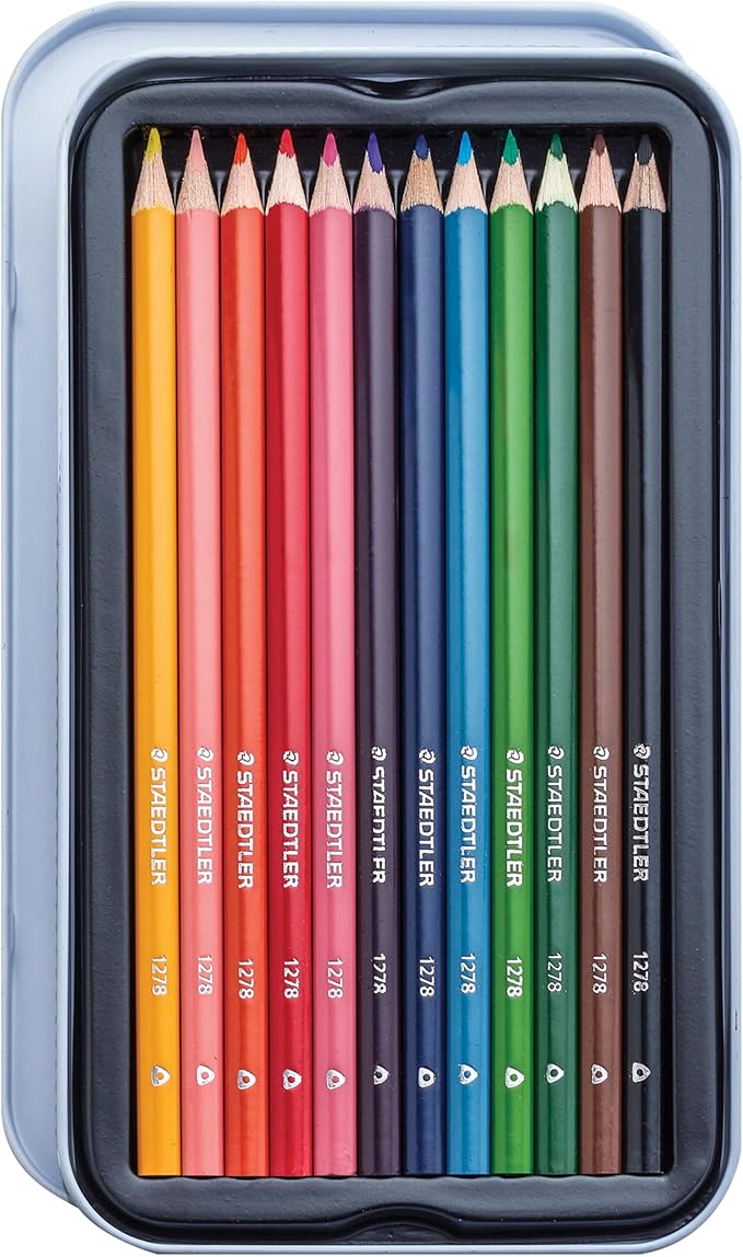 STAEDTLER Colored Pencils, Triangular Barrel, 12 Pack Assorted, Metal Tin 1278 M12