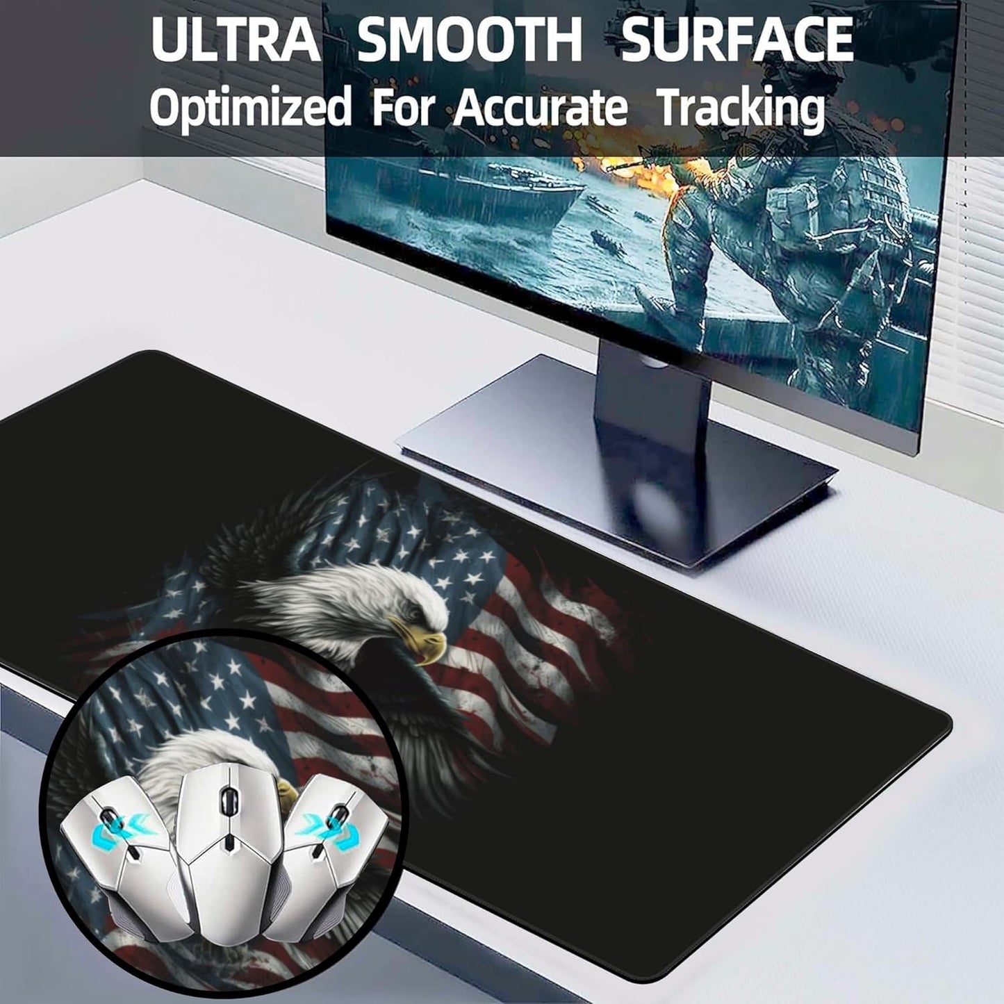 Desk Mat, USA Flag and Bald Eagle Extended Large Gaming Mouse Pad for Desk XXL, Non-Slip Rubber Base Stitched Edges Long Computer Keyboard Desk Pad Mouse Mat for Home Office Gaming 35.4"X15.7"