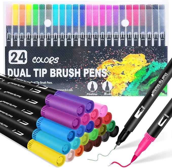 Dual Brush Marker Pens, 24 Colors Art Markers with Fine and Brush Tip Coloring Markers for Adults, Marker for Journaling Calligraphy Drawing Sketching Doodling Illustrating