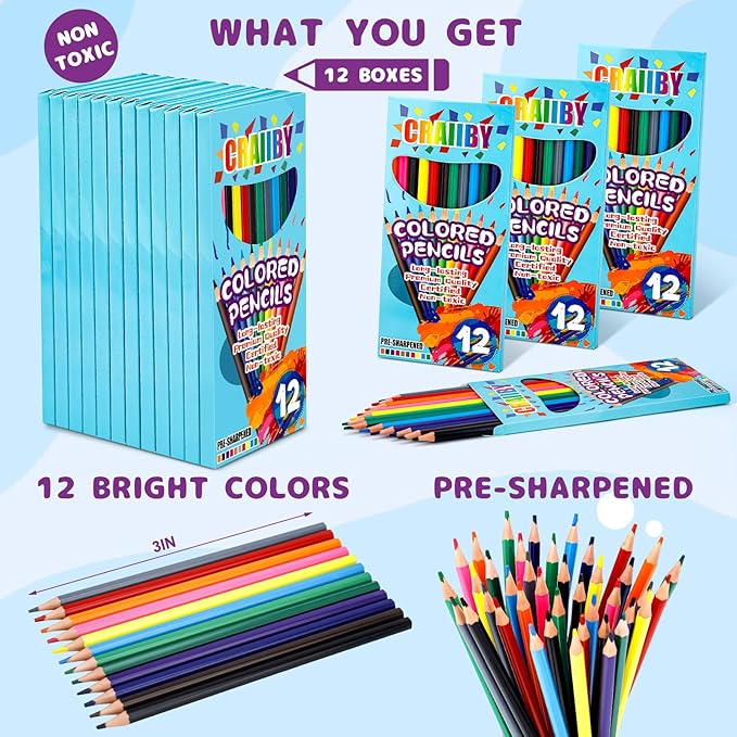 Premium Colored Pencils, Soft Core, 144 Count (Pack of 12), 12 Colors Pre-sharpened Color Pencils Bulk, Back to School Supplies, Classroom Prizes