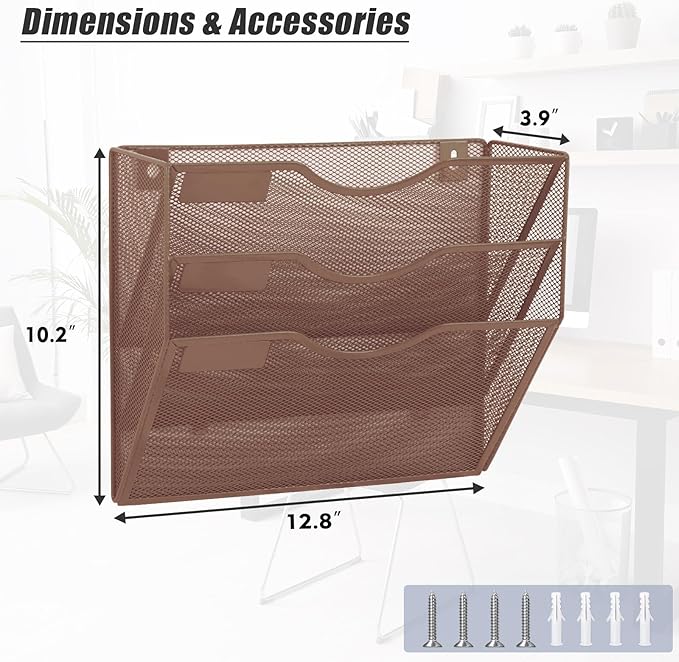 EASEPRES 3 Pocket Mesh Hanging Wall File Organizer, Wall Mounted Mail Paper Document Folder Holder, Clipboard Storage Organization Magazine Rack with Nametag Label for Office Home School, Brown