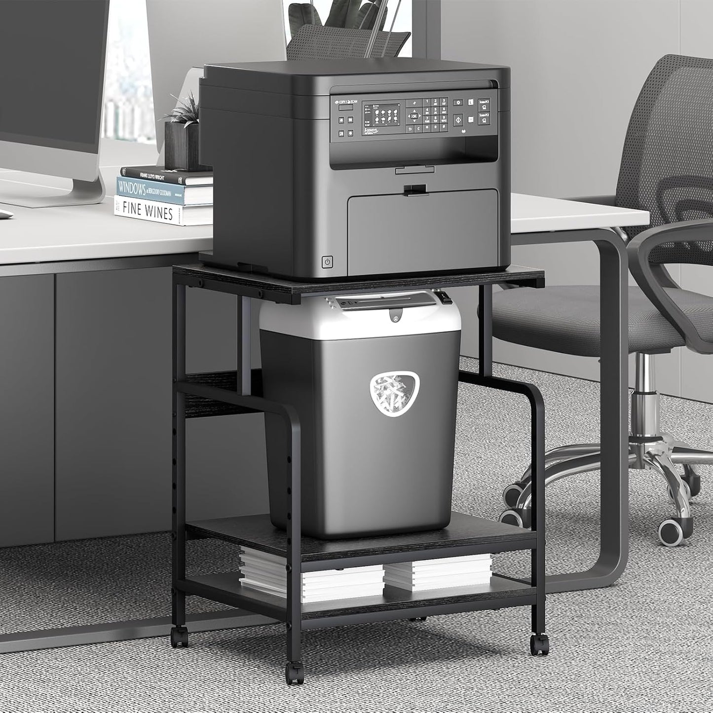 Large Printer Stand with Storage Shelf, 23.6" W x 18.9" D Printer Cart with Wheels, 3 Tier Mobile Printer Table for Home Office,Stands for Heat Press Scanner Fax (Black)