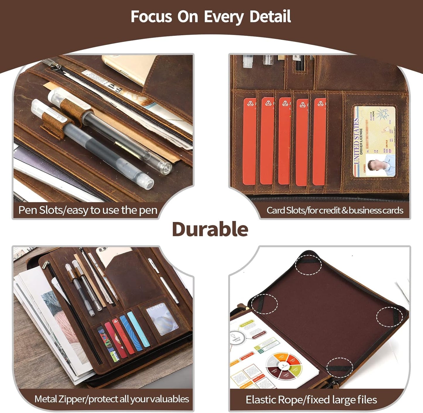Ringsun Genuine Leather Portfolio Organizer for Men Women with Handle, Full Grain Leather Padfolio Folder with Zipper Business Resume Portfolio for 12.9" iPad, Brown, RS118