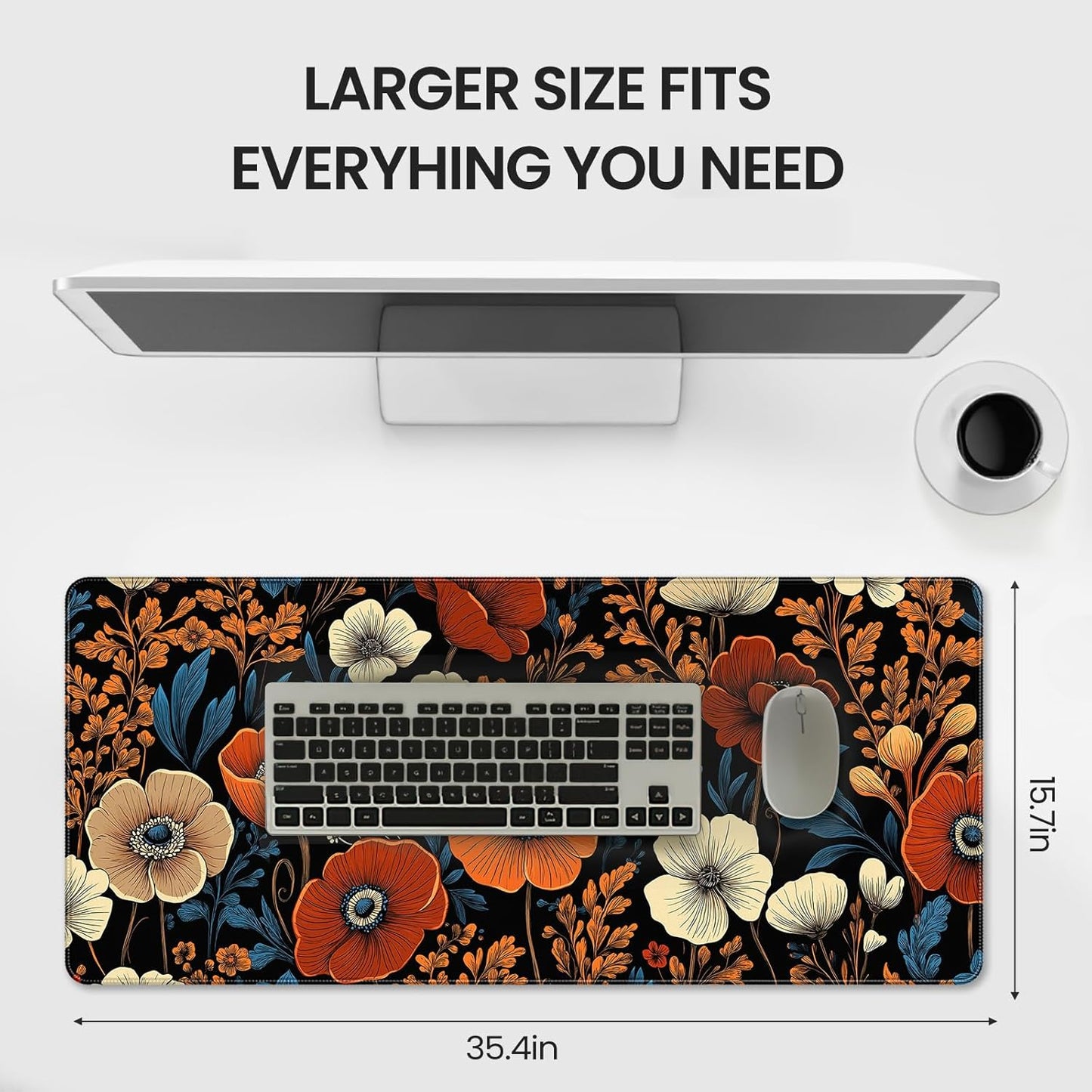 35.4 x 15.7 inches, Large Desktop Mouse pad, Keyboard and Mouse Pads for Work and Home Computers, and Large Laptop Mouse mat，Orange Blue Flowers