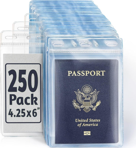 EcoEarth Passport & Identification Card Holders with Soft Edge (Clear, 4x6 Inch, 250 Pack), Extra Large Vertical ID Holder, Zipperless Plastic Name Badge Holders