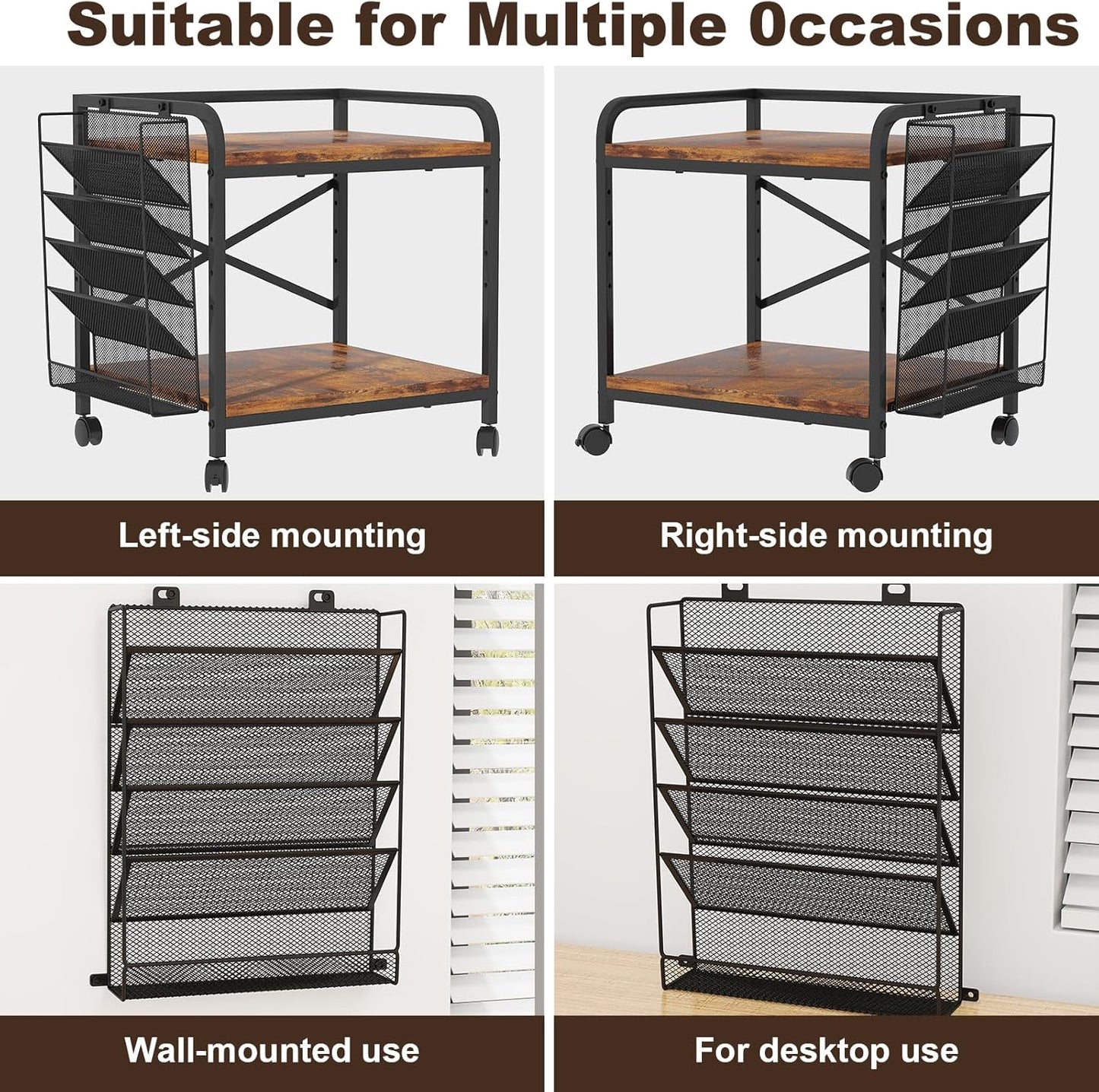 EasyCom Large Printer Stand with File Holder Organizer, Adjustable Height Shelf with Wheels, Rolling Printer Cart with Storage for Printer Scanner Fax Home Office Use Rustic Brown