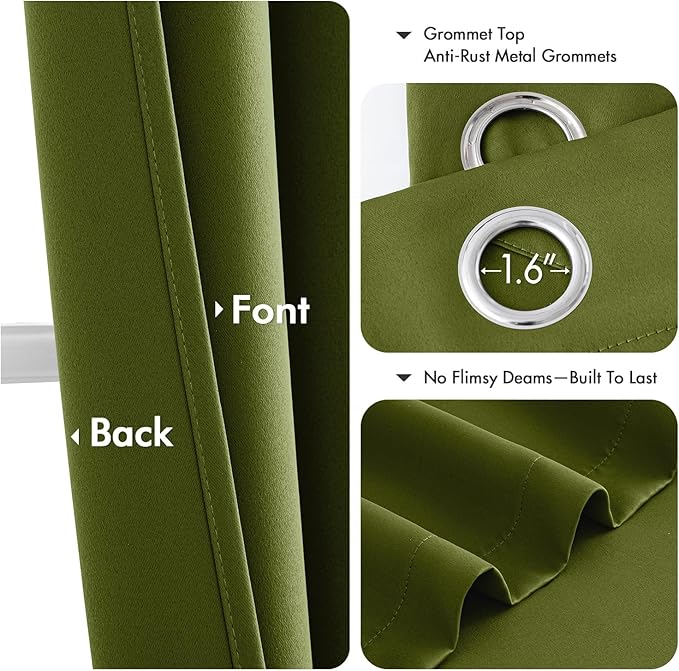 MIULEE Light Olive Green Blackout Curtains for Bedroom Living Room 63 Inches Long 2 panels, Thermal Insulated Room Darkening Drapes Grommet Top Noise Reducing Light Blocking Window Curtains 40x63 Inch