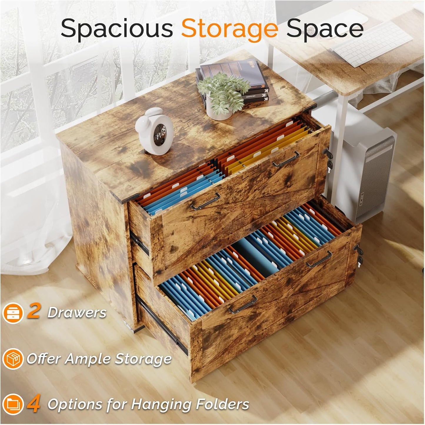 VINGLI 2 Drawer File Cabinet with Lock, Home Office Filing Organizer, for Letter Legal A4 Size File Folder Storage, Modern Farmhouse, Wood Lateral Filing Cabinet, Archivador (Rustic Brown)