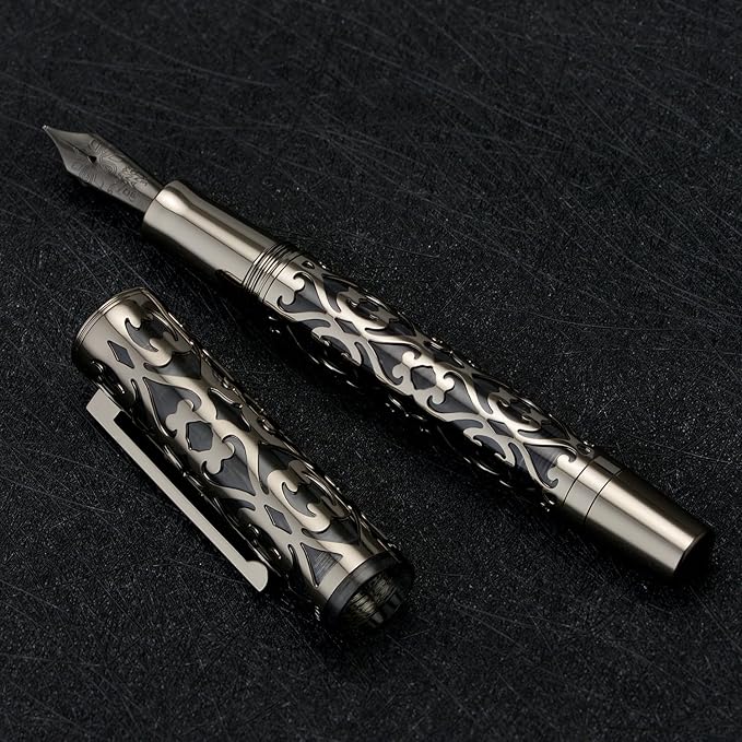 Hongdian D1 Piston Fountain Pen Extra Fine Soft Nib, Jet Black Hollow Skeleton & Resin Pen with Metal Case Set