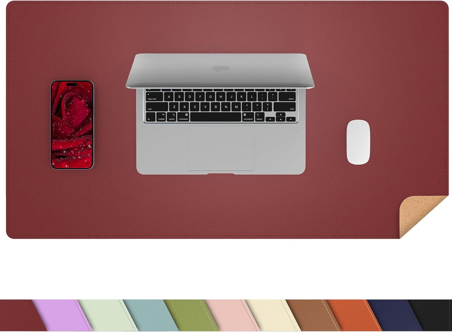 AFIING Leather Desk pad Protector, Large Desk mat with Natural Cork & PU Leather,Mouse pad,Non-Slip Office Desk Mat,Waterproof Desk Writing Pad for Office and Home (23.6in*13in, Red)