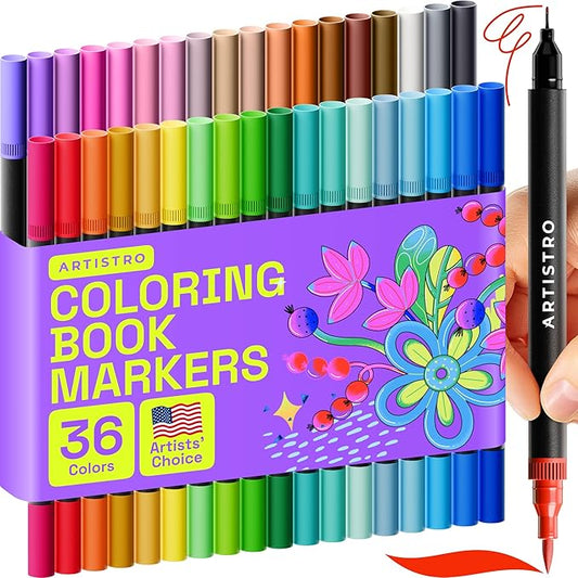 ARTISTRO 36 Brush Marker Pens Coloring Markers for Adults Brush Tip & 0.4mm Fineliner Pens Coloring Markers No Bleeding