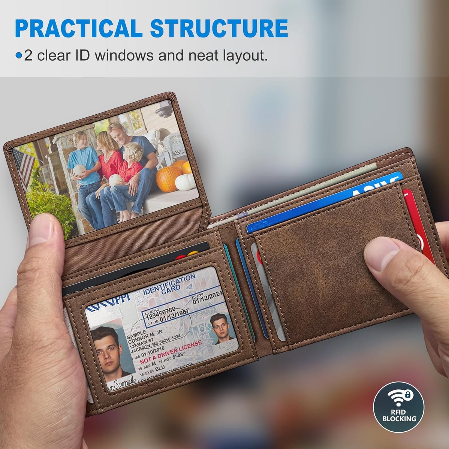 Wallet for Men Wallet with Cash Pocket 2 ID Window 13 Cards,Slim Leather Wallet Front Pocket Card Holder RFID Blocking with Gift Box