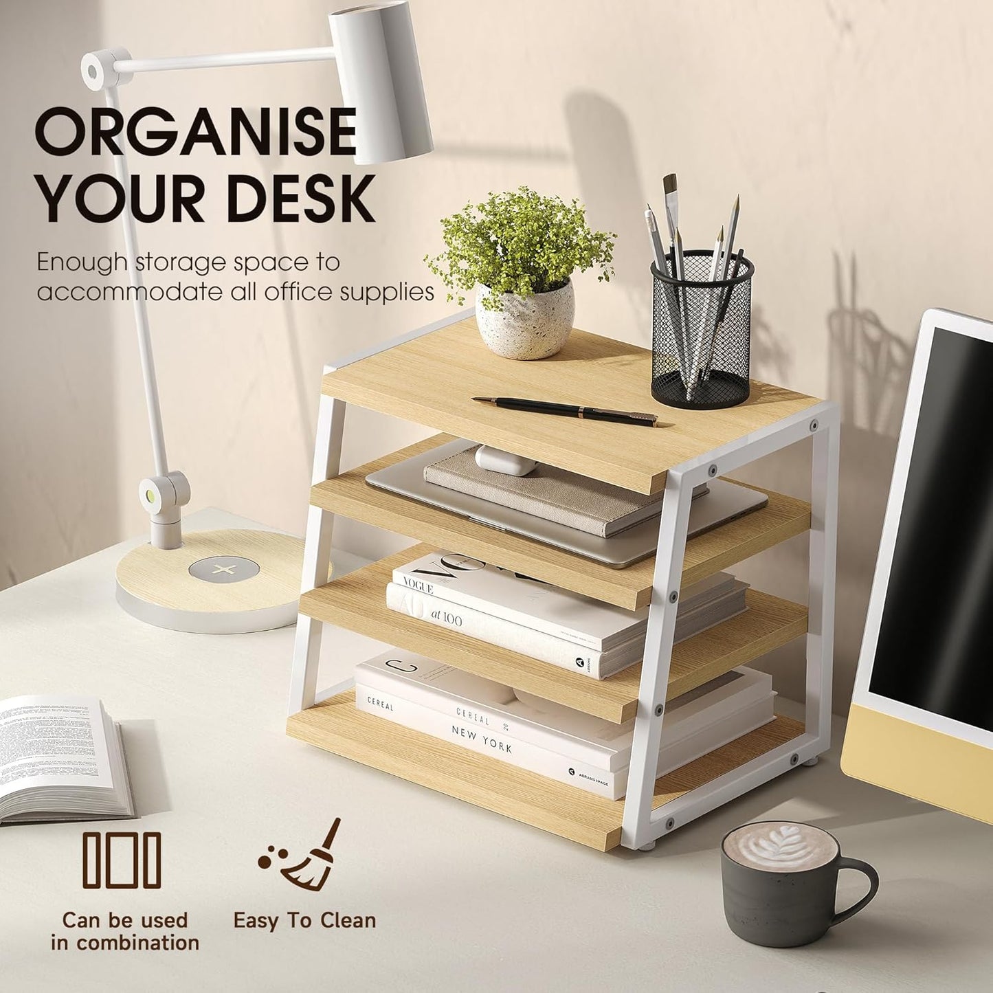 Fenge Desk Shelf Organizer, 4 Tier Desktop Shelf, Wood and Metal Office Shelves, Corner File Organizer for Office Supplies, Top of Desk Organizers and Accessories