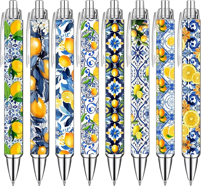 Capri Lemon Pens Set – Mediterranean-Inspired Ballpoint Pens for Girls, Students, and Stationery Lovers – Smooth Writing Pens for School, Journaling, or Gifts – Bright and Elegant Design, 8 Pack