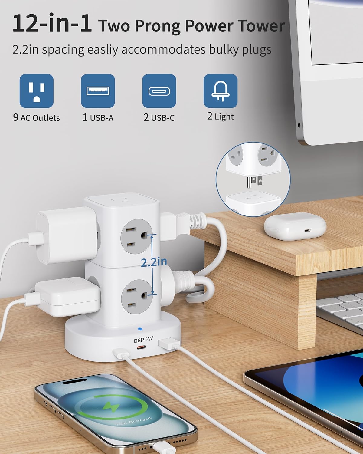 2 Prong Power Strip, 2 to 3 Prong Outlet Adapter with 9 Outlets 3 USB Ports (2 USB C), 1700J Two Prong Surge Protector, 5FT Power Strip Tower, Wall Mount for Old House Non-Grounded Outlets