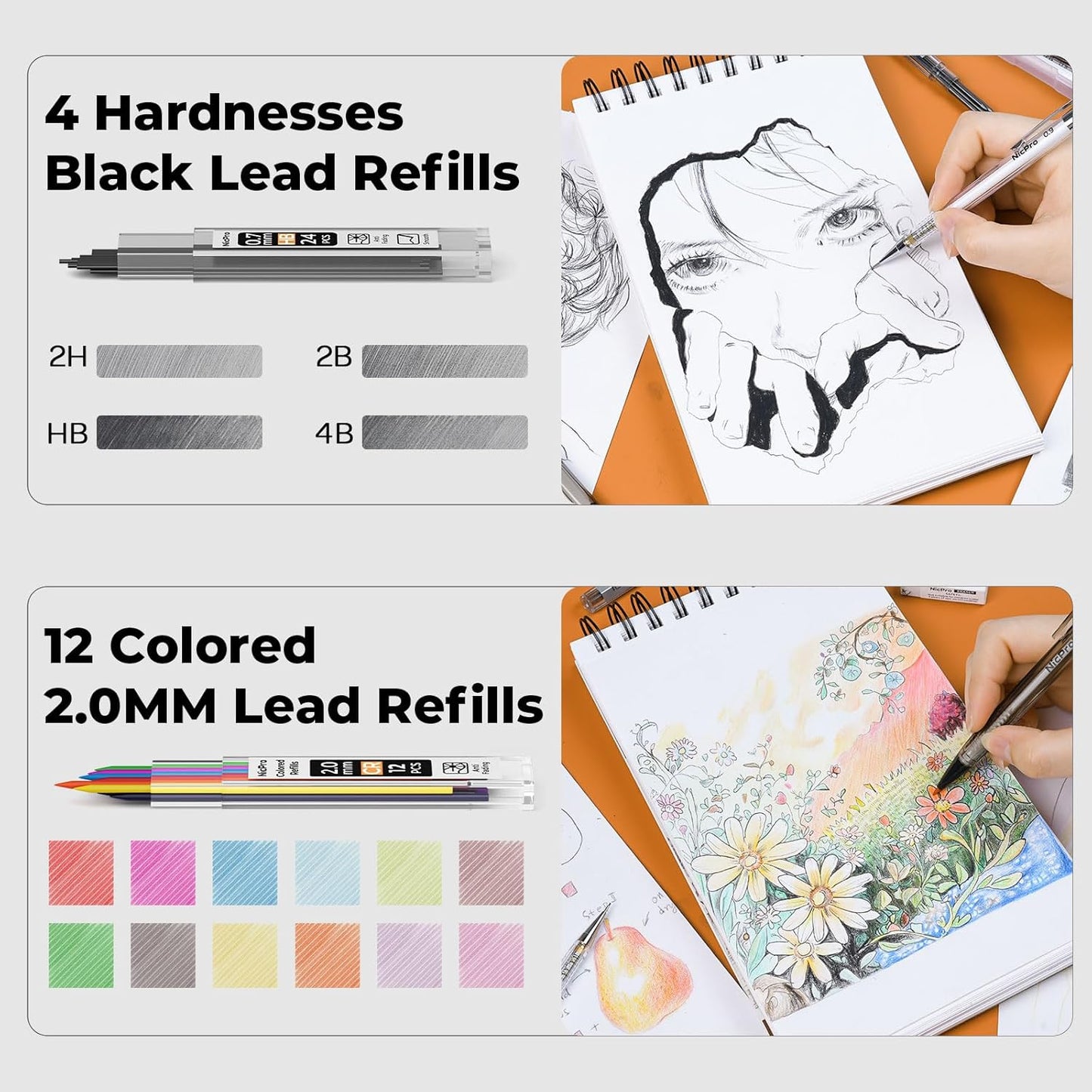 Nicpro 26PCS Art Drawing Supplies Kit, Mechanical Pencils Set 0.5, 0.7, 0.9 & 2mm, 100 Sheets Sketch book, 172PCS Lead Refills, School Supplies Gifts for Artist Adults Teens Girls Boys Kids Sketching