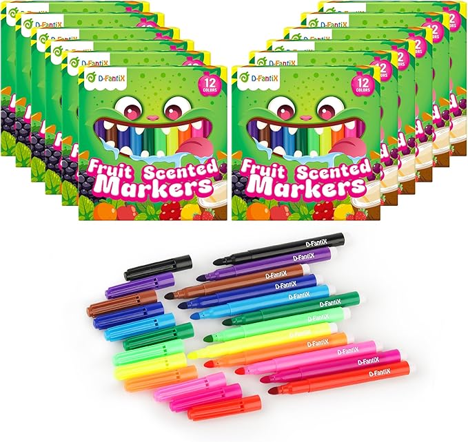 D-FantiX 12 Packs Fruit Scented Washable Markers for Kids Toddlers, 144 Count Coloring Markers Set, Bulk Art Supplies, Back to School Supplies, Gifts for Party Favors, Classroom Prizes, Donations