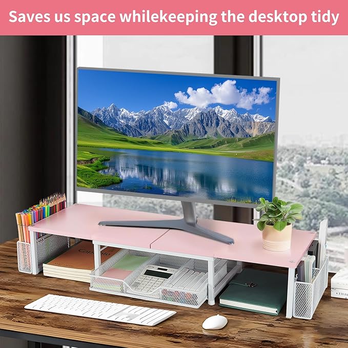 Desk Dual Monitor Stand Riser - Desk Organizer with Drawer and Pen Holders, Office Desk Accessories & Workspace Organization, Computer Monitor Stand for Laptop, Printer(Pink＆ White)