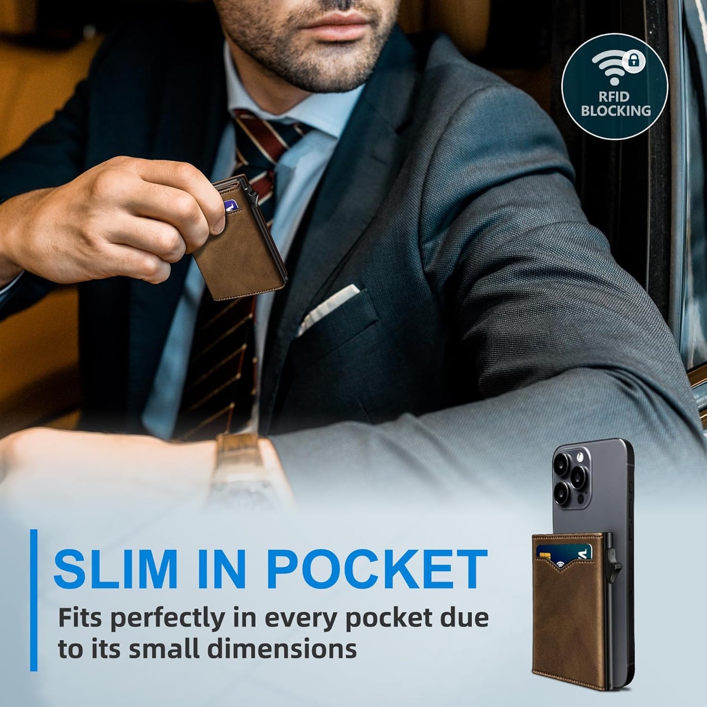 Wallet for Men,with Cash Pocket 2 ID Window 9-13 Cards,Metal Case Smart Slim Pop Up Credit Card Holder Flip with Magnetic Closure RFID Blocking Trifold wallet with Gift Box