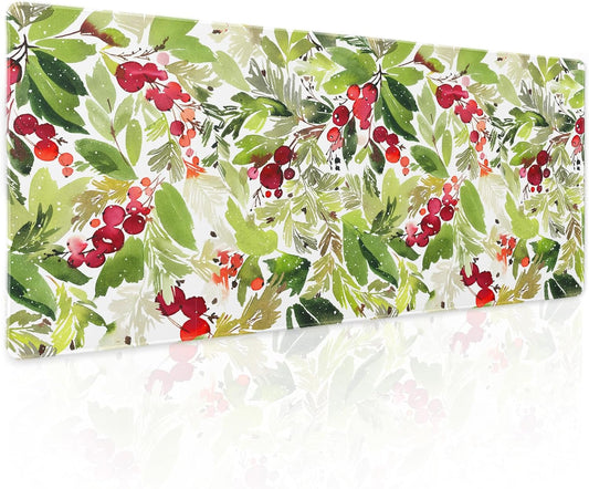 Watercolor Holly Christmas Gaming Mouse Pad XL Green Leaves Red Berry Xmas Extended Large Mat Mousepad Desk Pad Rubber Base Stitched Edge Winter Holiday Long Keyboard Pad for Computer,31.5×11.8 Inch