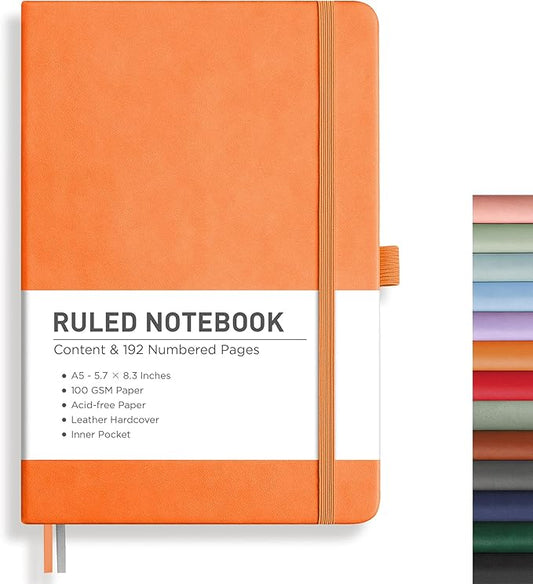 RETTACY Lined Journal Notebook, 192 Numbered Pages, A5 Medium Size (5.7'' x 8.3''), for Men & Women, Journaling, Writing, Work & Office, Leather Hardcover, 100 GSM Thick Paper (Orange)