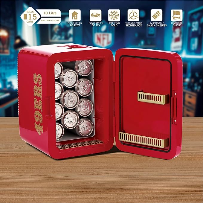 Ukonic NFL San Francisco 49ers 15-Can Mini Fridge 10L – AC/DC Powered, Official Team Colors & Logo, Portable Cooler for Tailgates, Home, Office, or Car