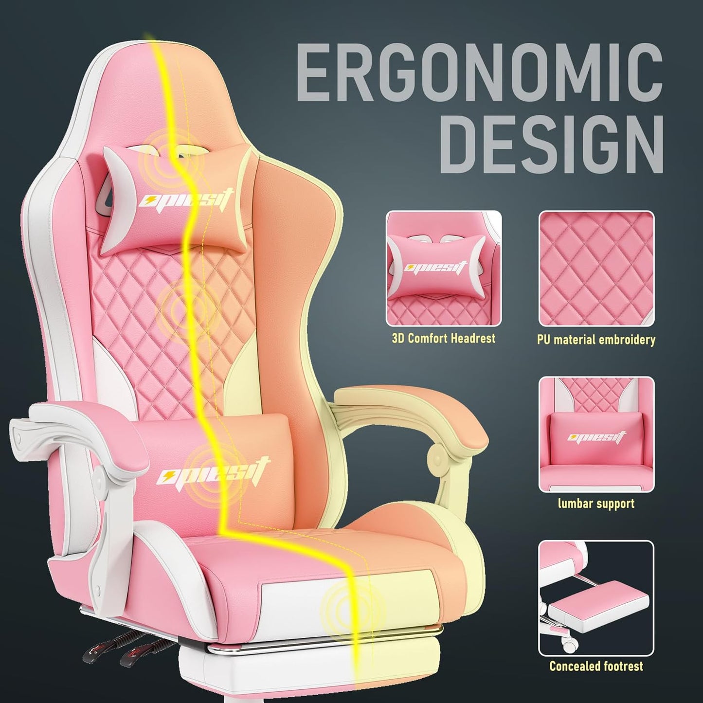 Gaming Chair,Ergonomic Computer Chairs for Adults with Footrest, PU Leather Office Chair with Adjustable Lumbar Support & Pocket Spring Cushion - Heavy Duty 400lb Capacity Gamer Chair (Pink)