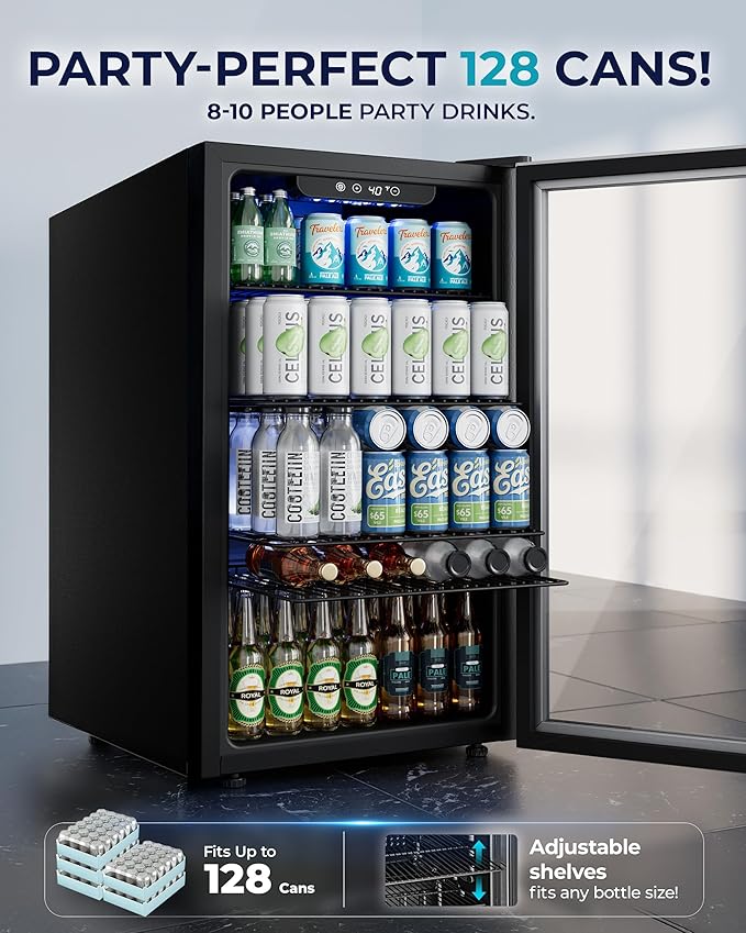 EUHOMY Beverage Refrigerator and Cooler, 128 Can Mini fridge with Glass Door, Small Refrigerator with Adjustable Shelves for Soda Beer or Wine, Perfect for Home/Bar/Office, Silver