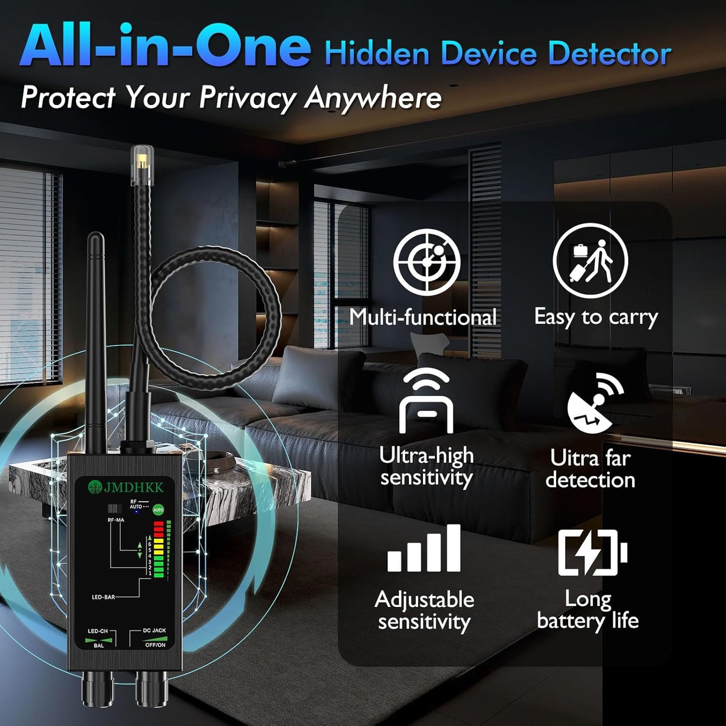 JMDHKK M8000 Hidden Camera Detector, Bug Detector,Camera Finder, Signal Detector for Hotels, Travels, Vehicles, Offices, Public Fitting Rooms (Gray)
